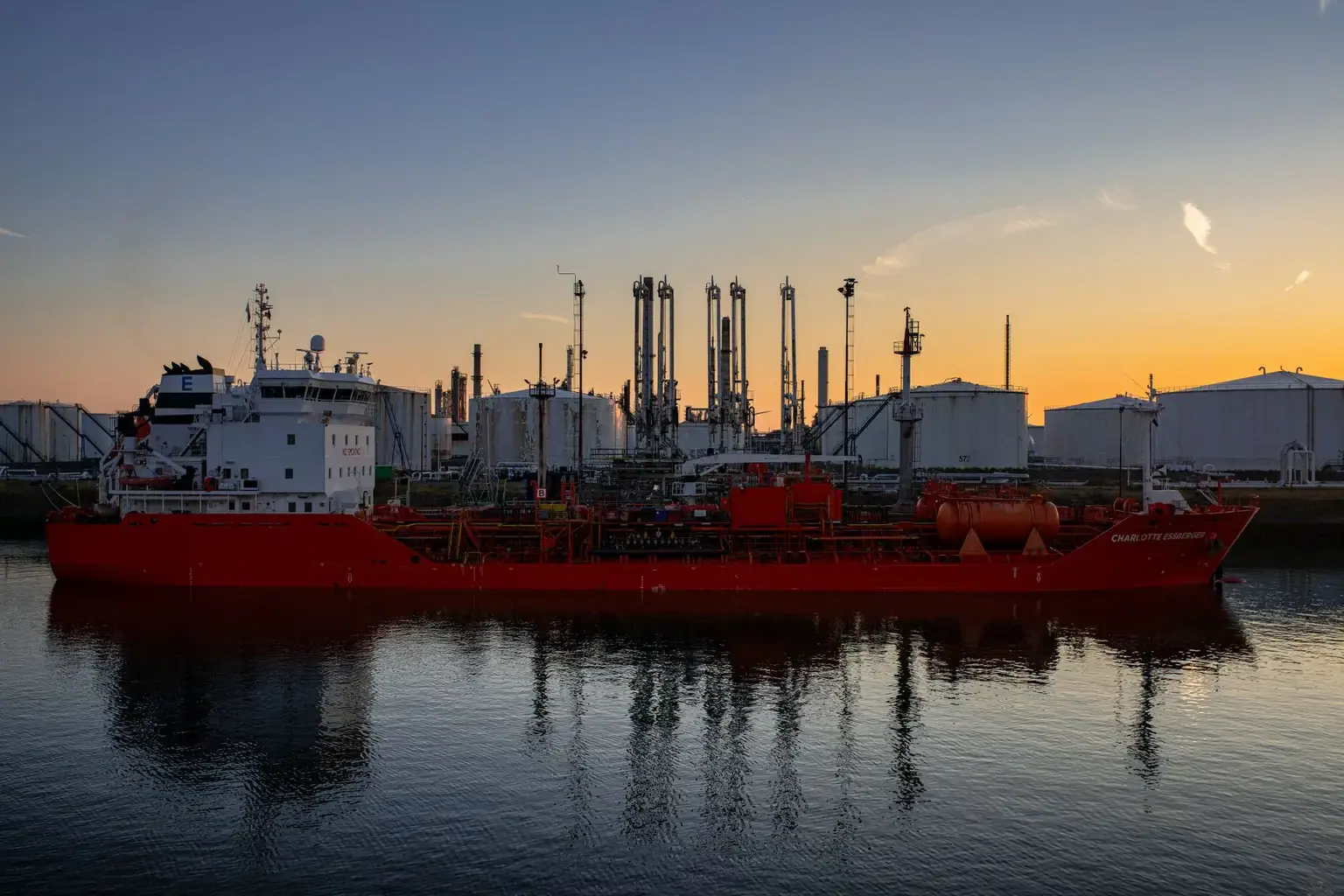 Cargo port at sunset